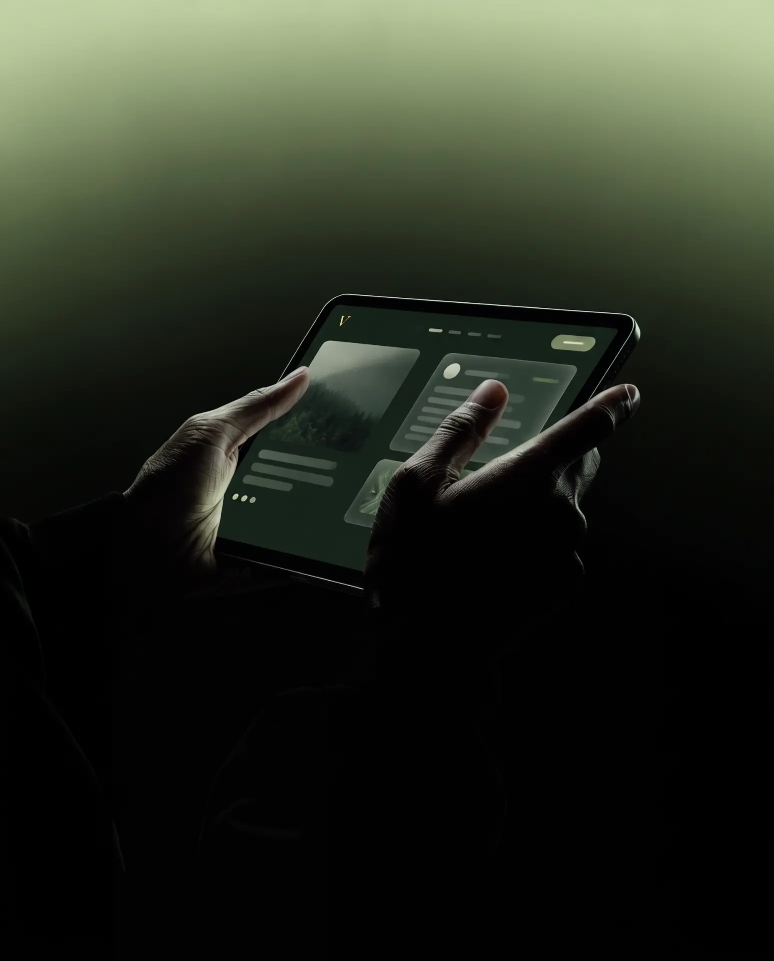 Hands holding a tablet that shows a dark green Verdance website with glass panels