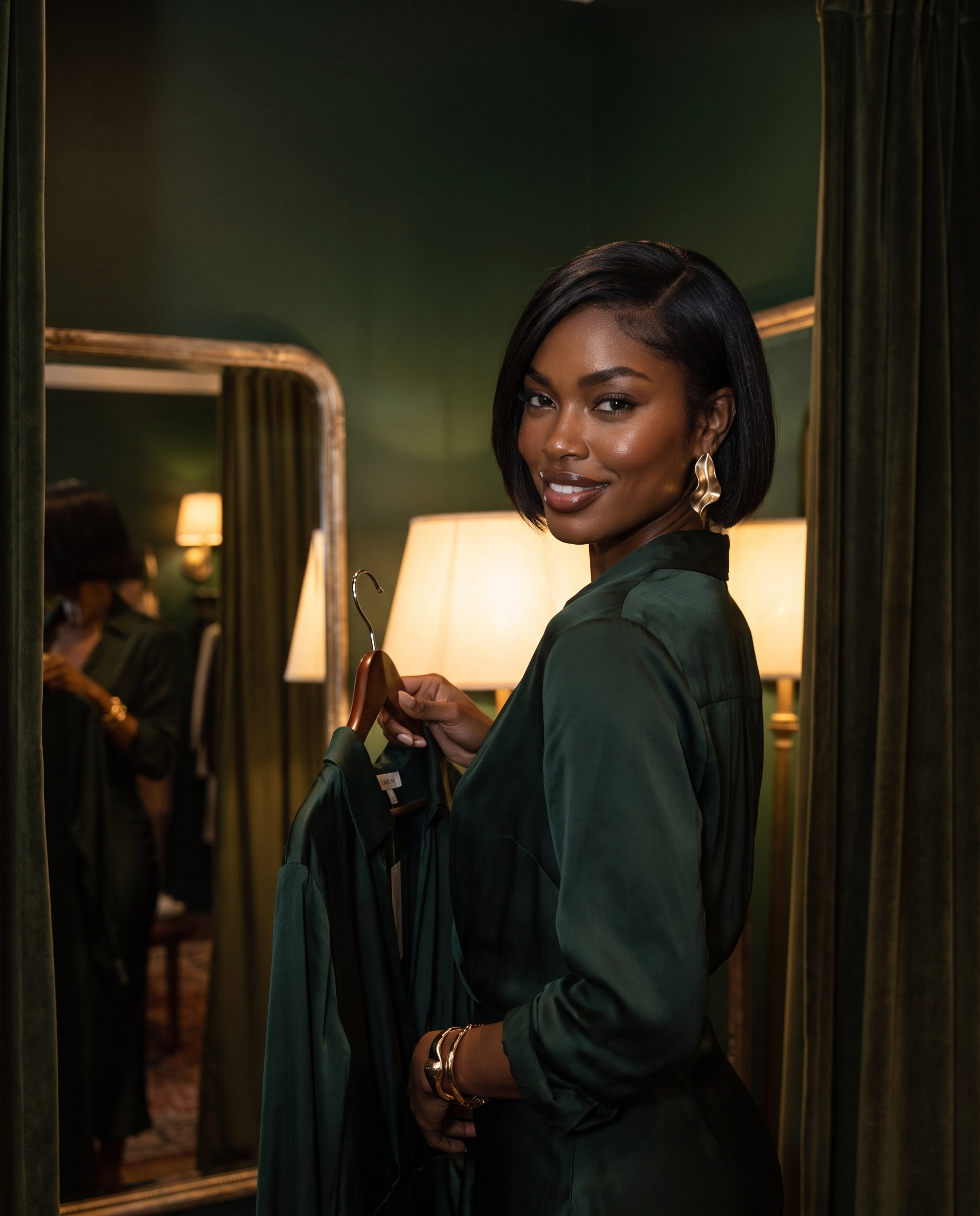 Portrait of Simone, a Verdance AI model, in a softly lit boutique dressing room