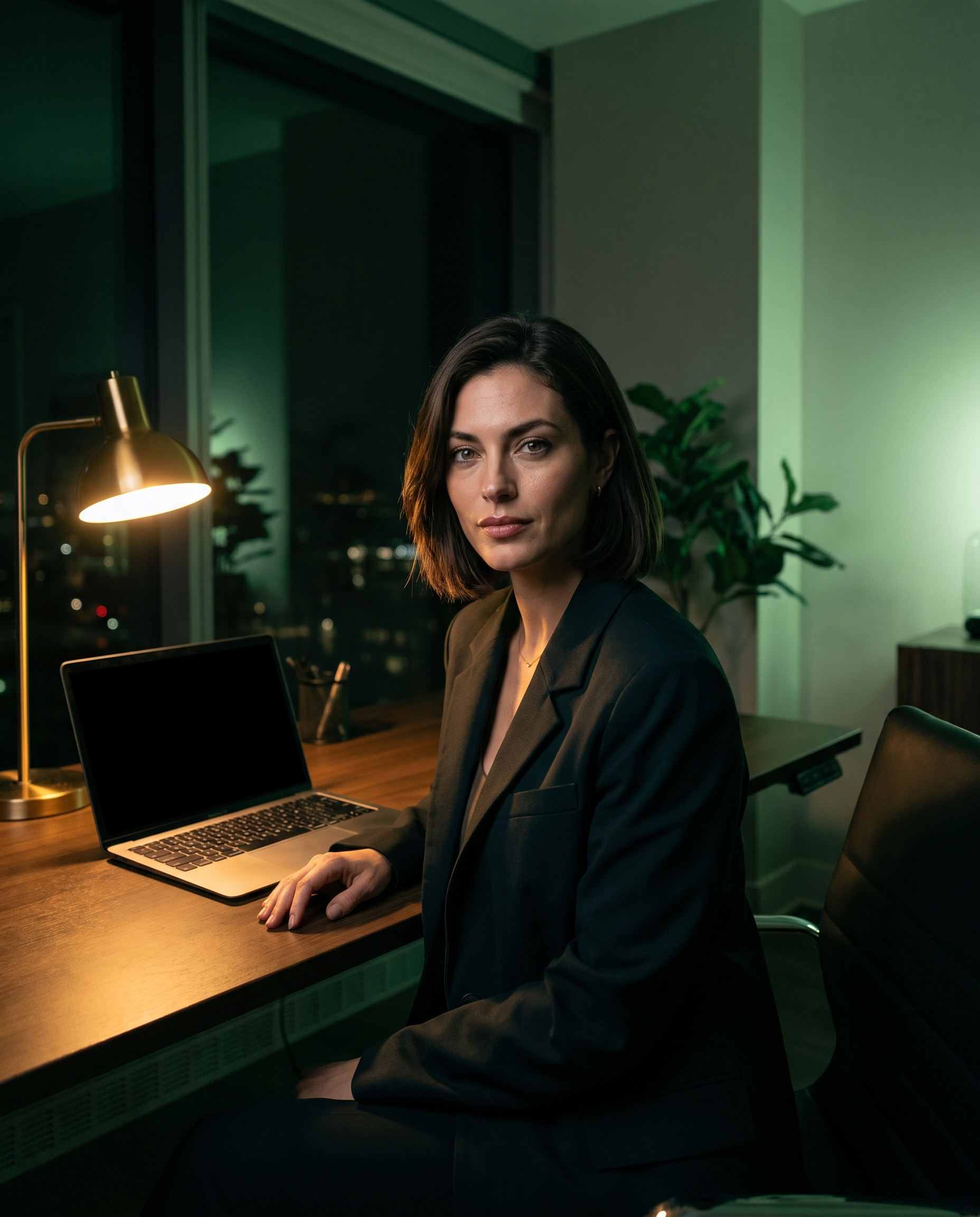 Portrait of Claire, a Verdance AI model, seated at a desk in a dim modern office