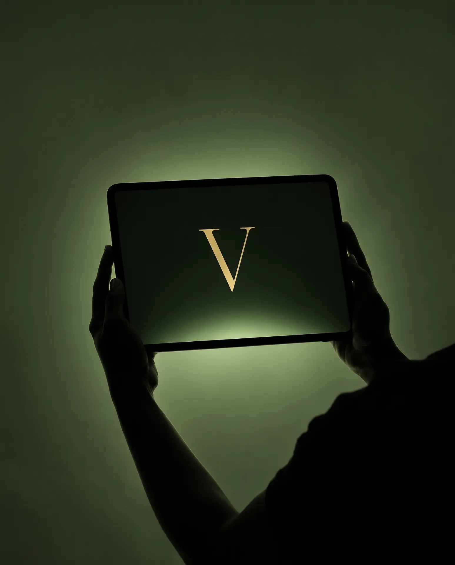Silhouetted hands holding up a glowing tablet showing a gold Verdance V