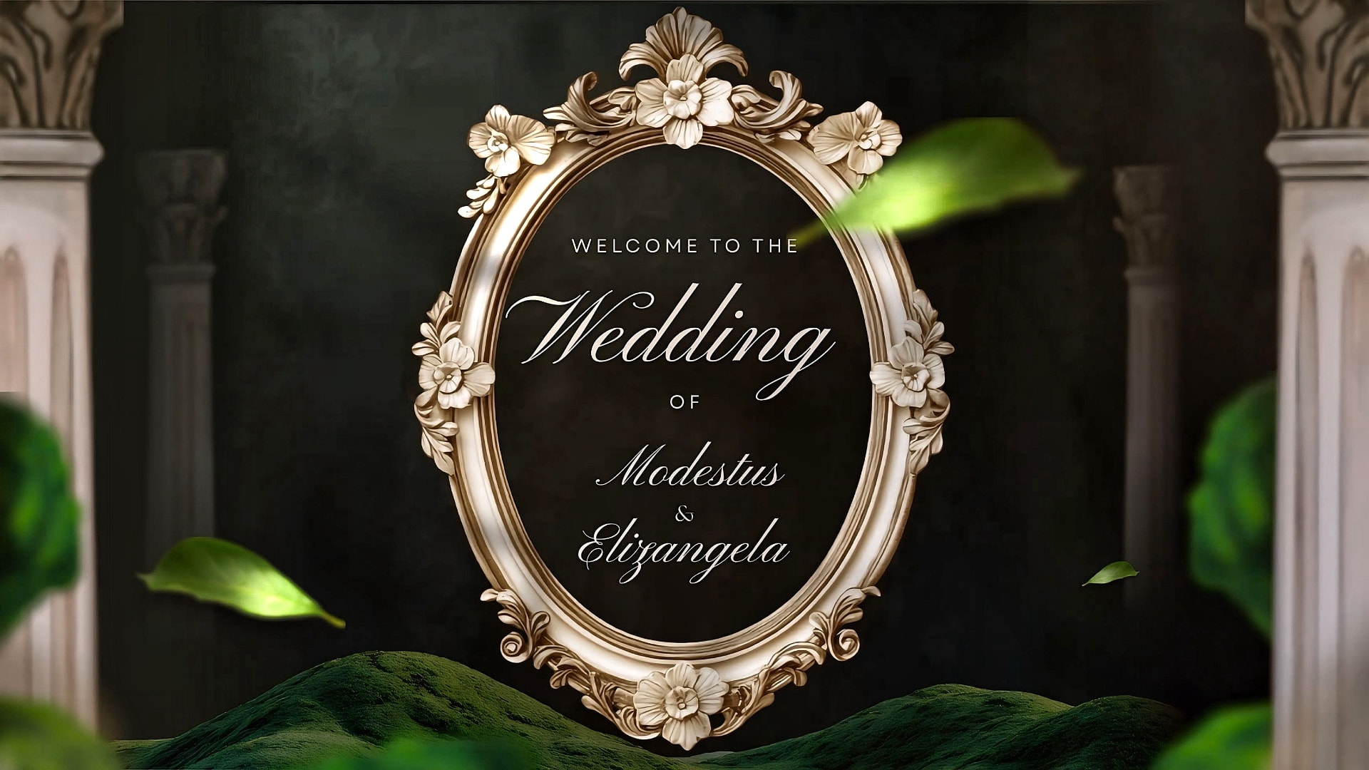 Wedding welcome screen with an ornate floral oval frame on a dark background