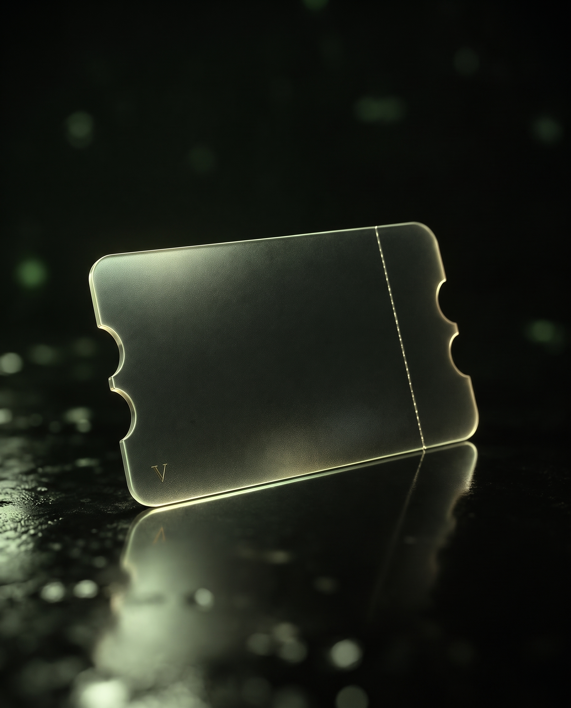 Frosted glass invitation ticket lit in soft sage light